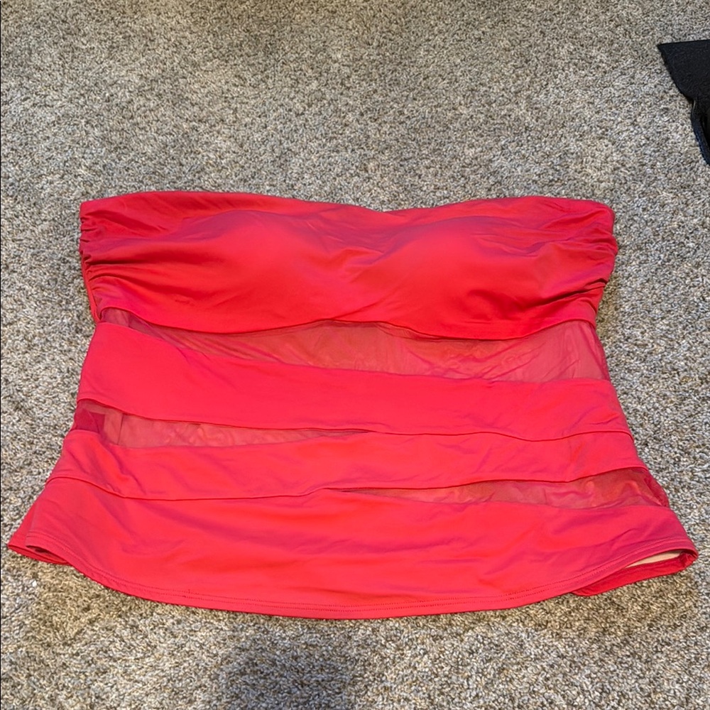 Red Strapless Bandeau Mesh Swim Top